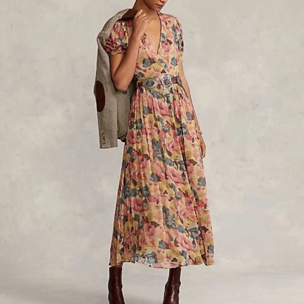 NWT RALPH LAUREN Floral Print A-Line Dress Autumn Leaves Short Sleeve Size: 4